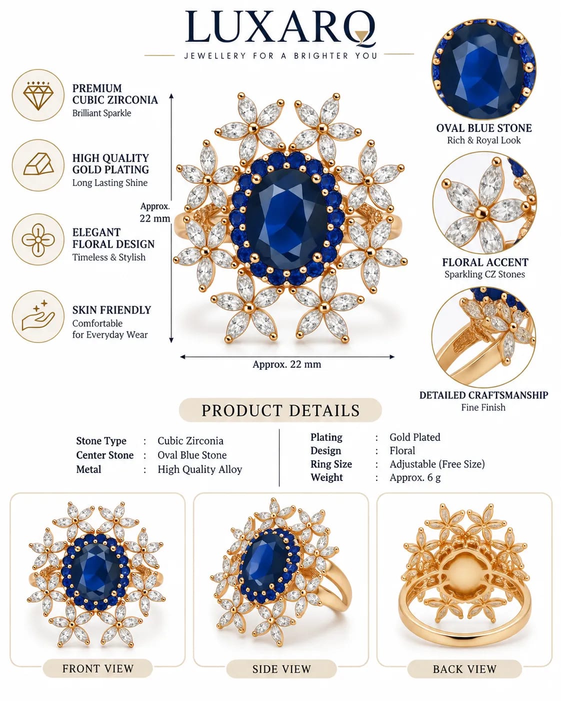 Azzura Blue Floral Statement Ring