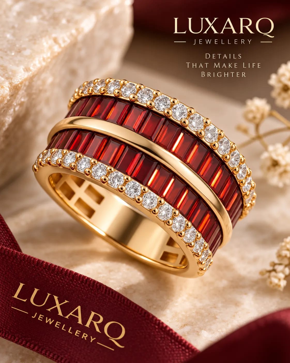Rosavine Red Baguette Stone Statement Ring