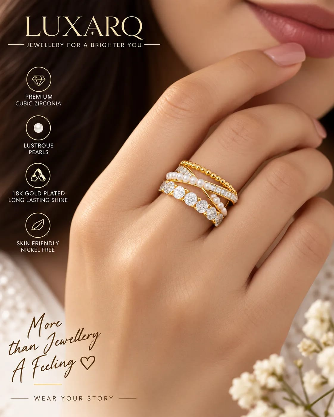Pearlisse Cross-Cross Pearl CZ Statement Ring