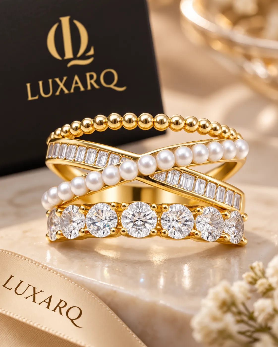 Pearlisse Cross-Cross Pearl CZ Statement Ring