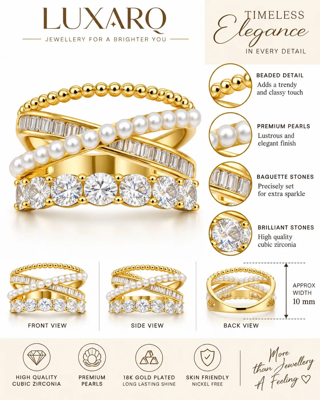 Pearlisse Cross-Cross Pearl CZ Statement Ring