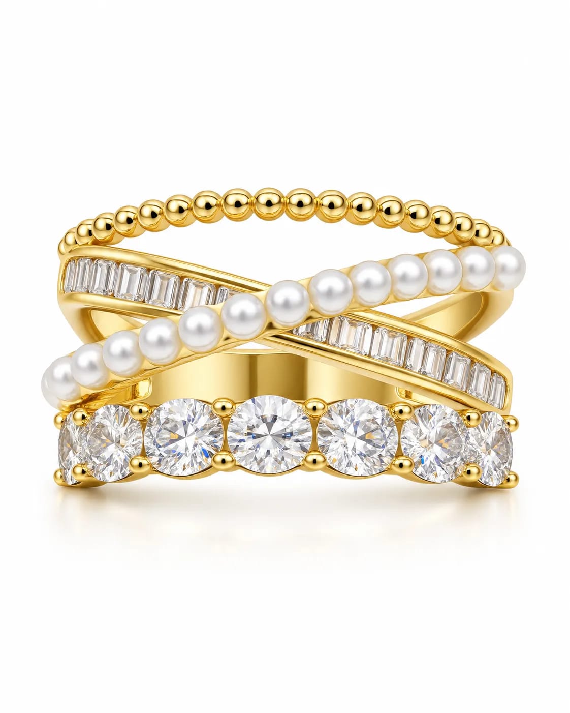 Pearlisse Cross-Cross Pearl CZ Statement Ring