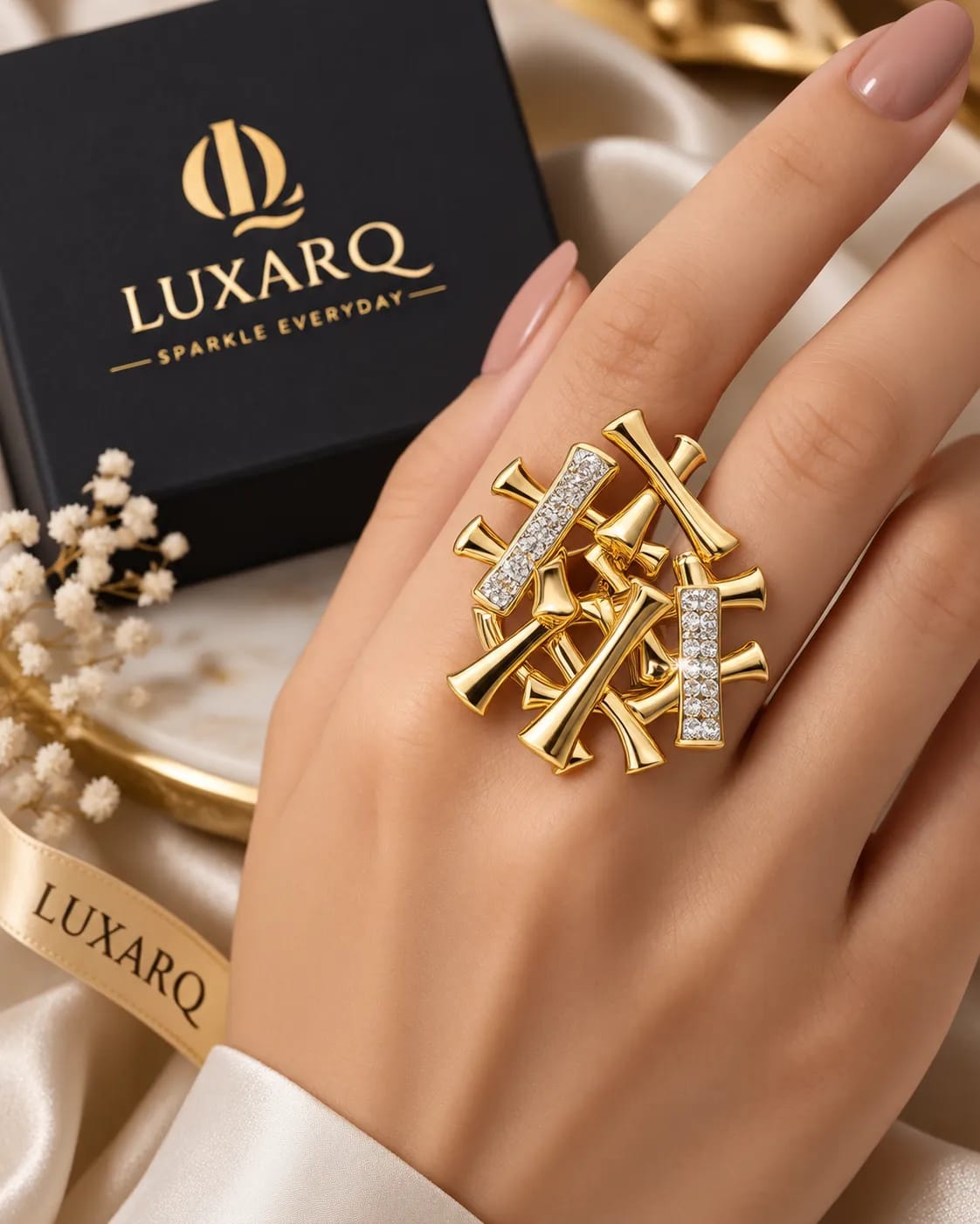 Orlina Gold CZ Sculptural Statement Ring