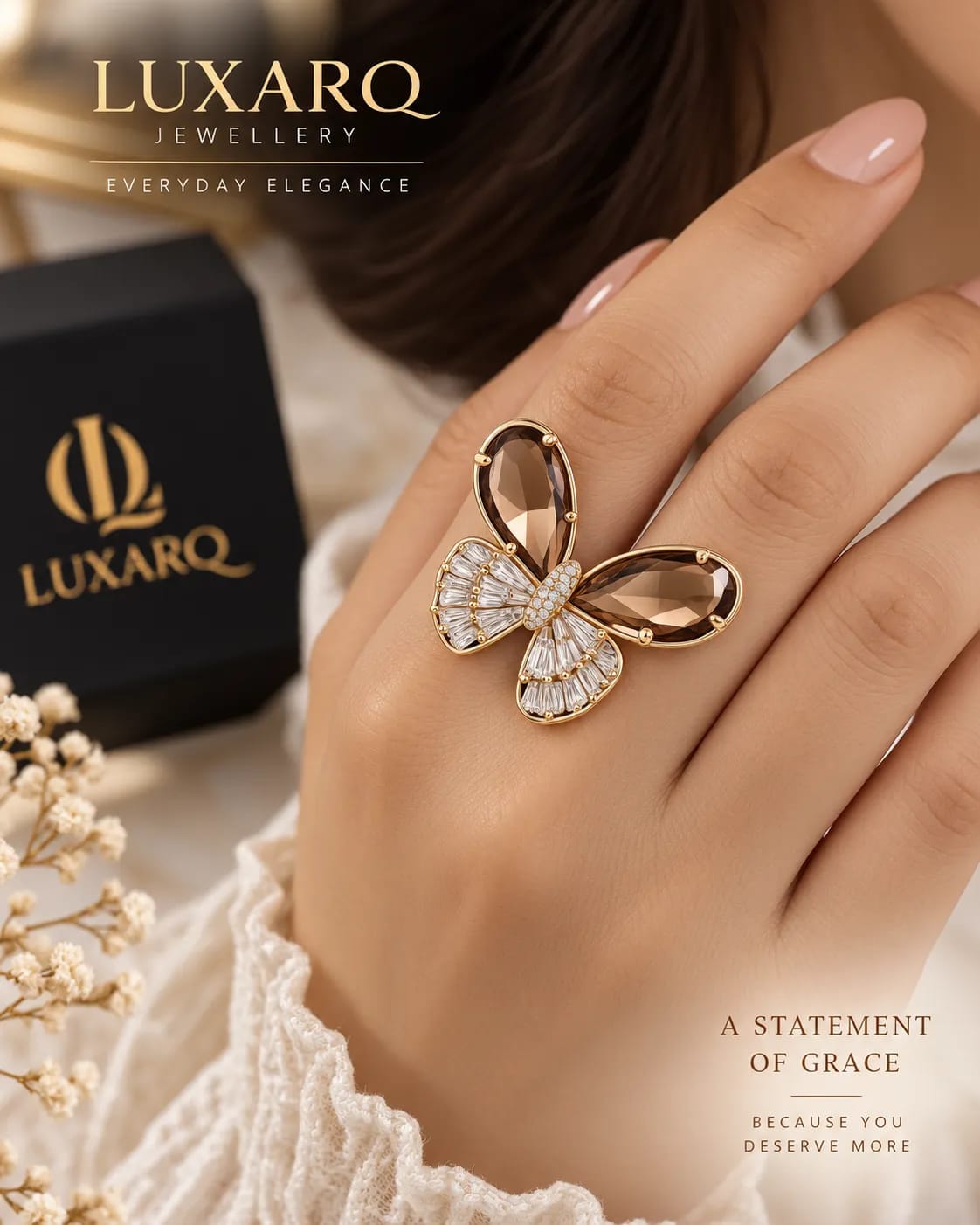 Noir Butterfly Rose Gold Statement Ring