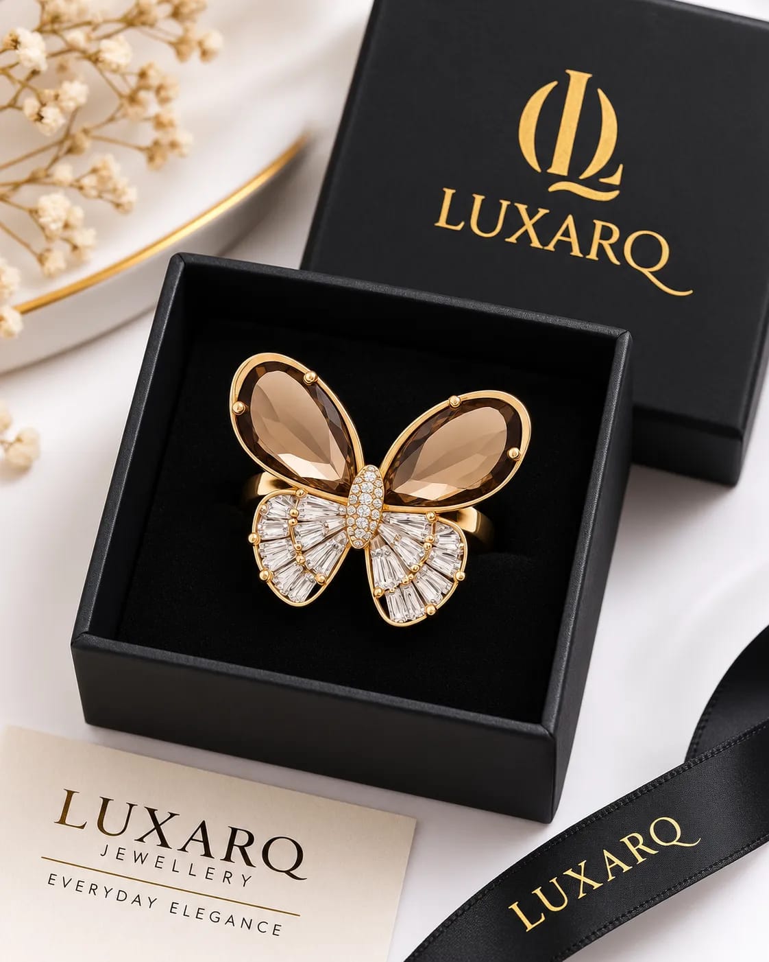 Noir Butterfly Rose Gold Statement Ring