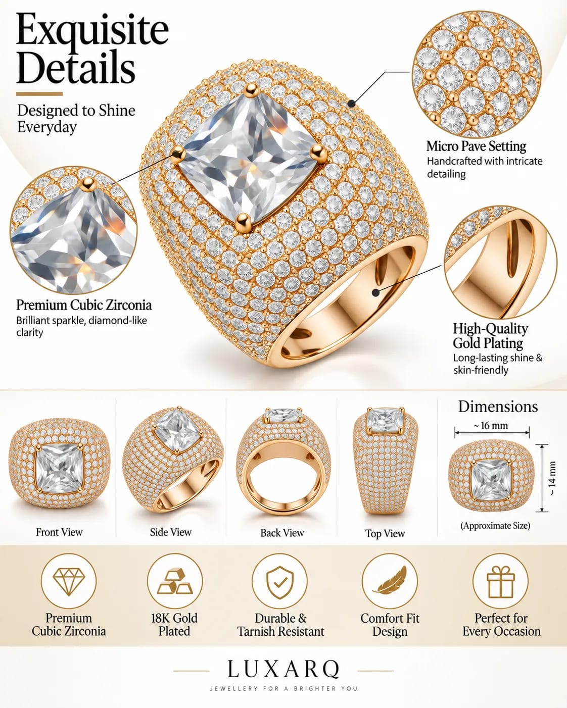 LUXARQ Cubic Zirconia Statement Ring