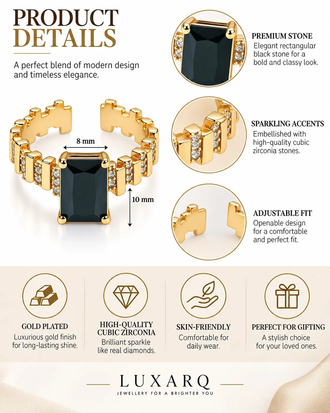 LUXARQ Black Stone Gold Plated Statement Ring