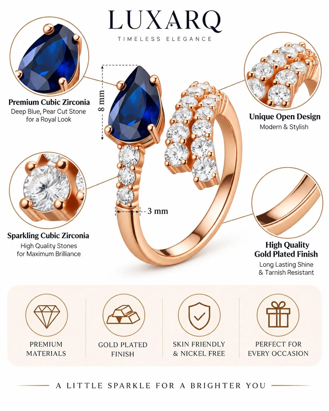 LUXARQ Blue Pear Shaped Statement Ring