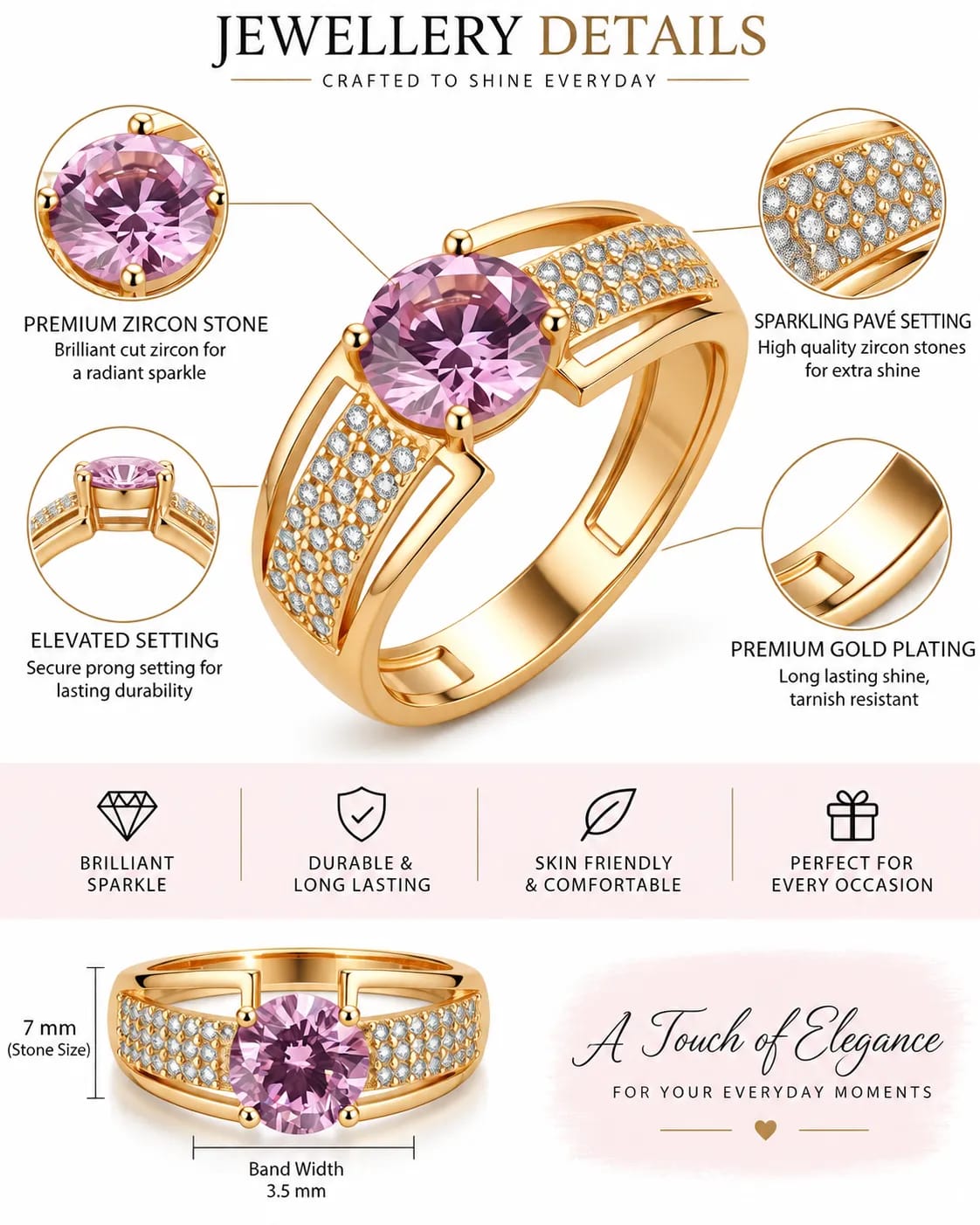 LUXARQ Pink Zircon Gold Plated Statement Ring