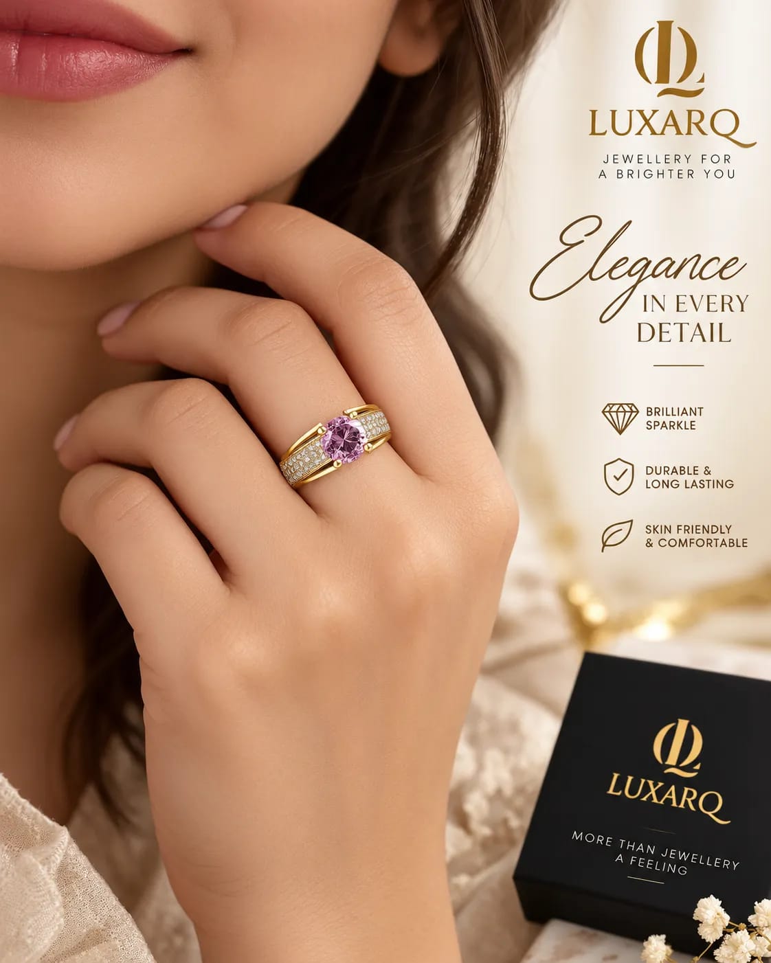 LUXARQ Pink Zircon Gold Plated Statement Ring