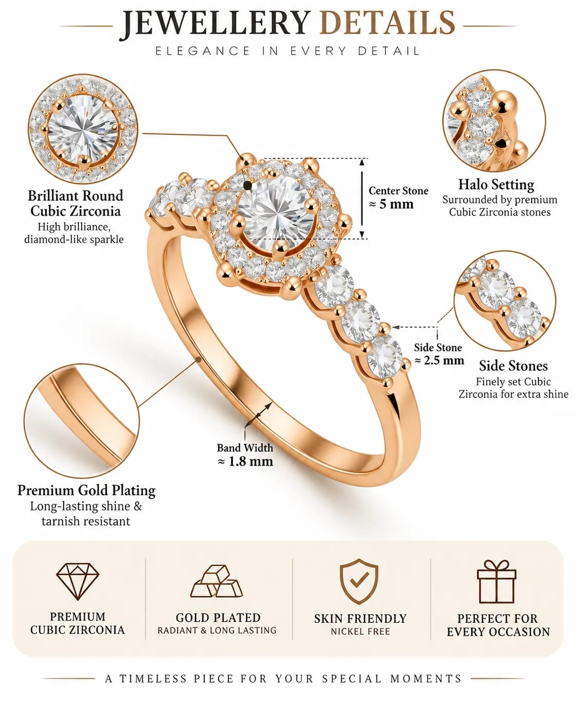 LUXARQ Gold Plated Cubic Zirconia Solitaire Statement Ring