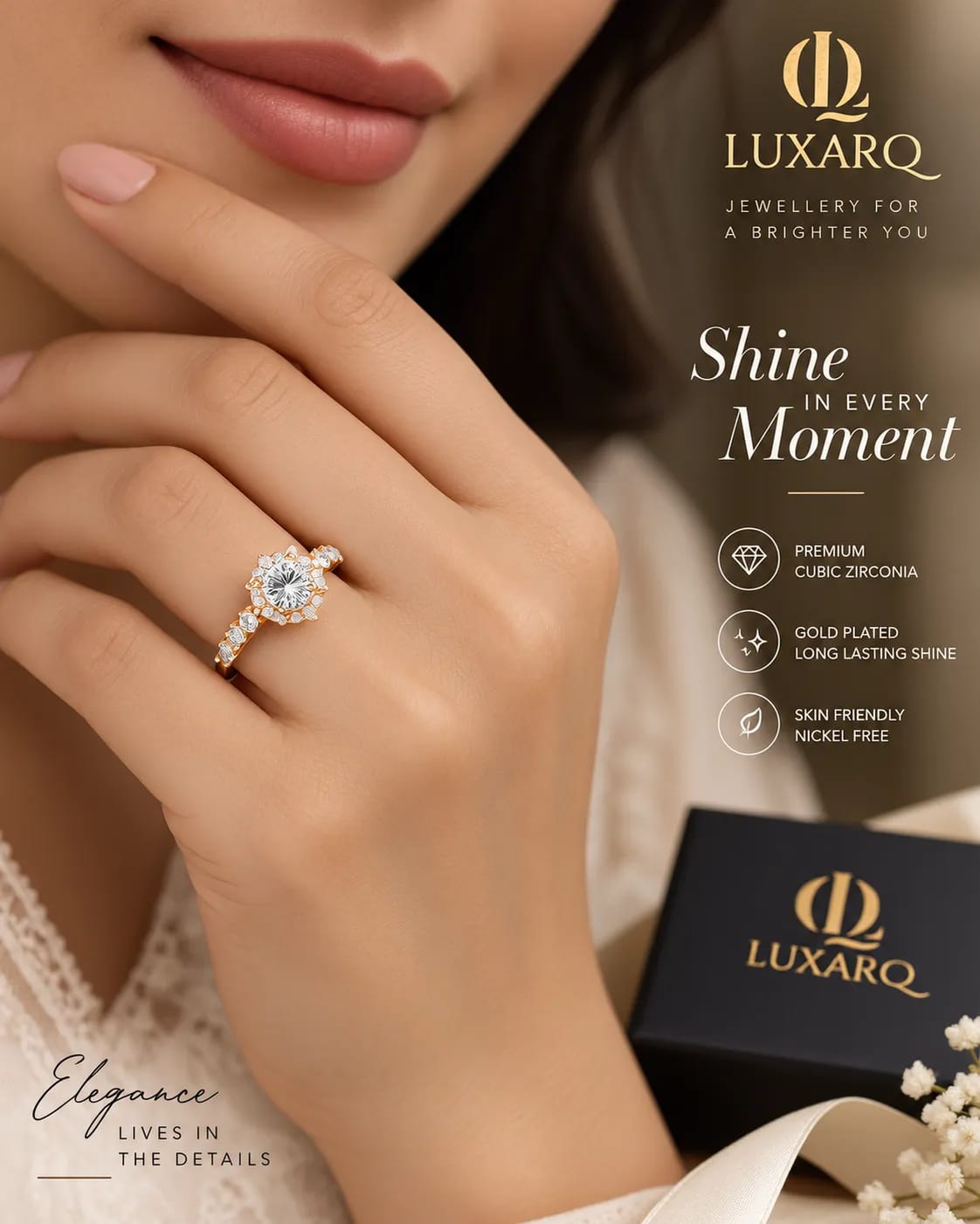 LUXARQ Gold Plated Cubic Zirconia Solitaire Statement Ring