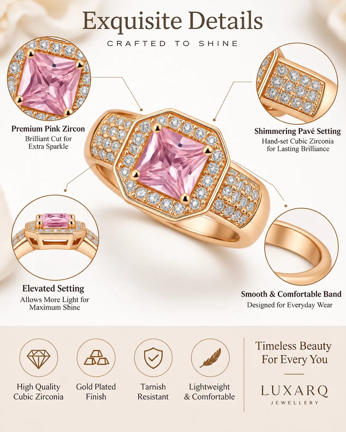 LUXARQ Pink Stone Statement Ring for Women