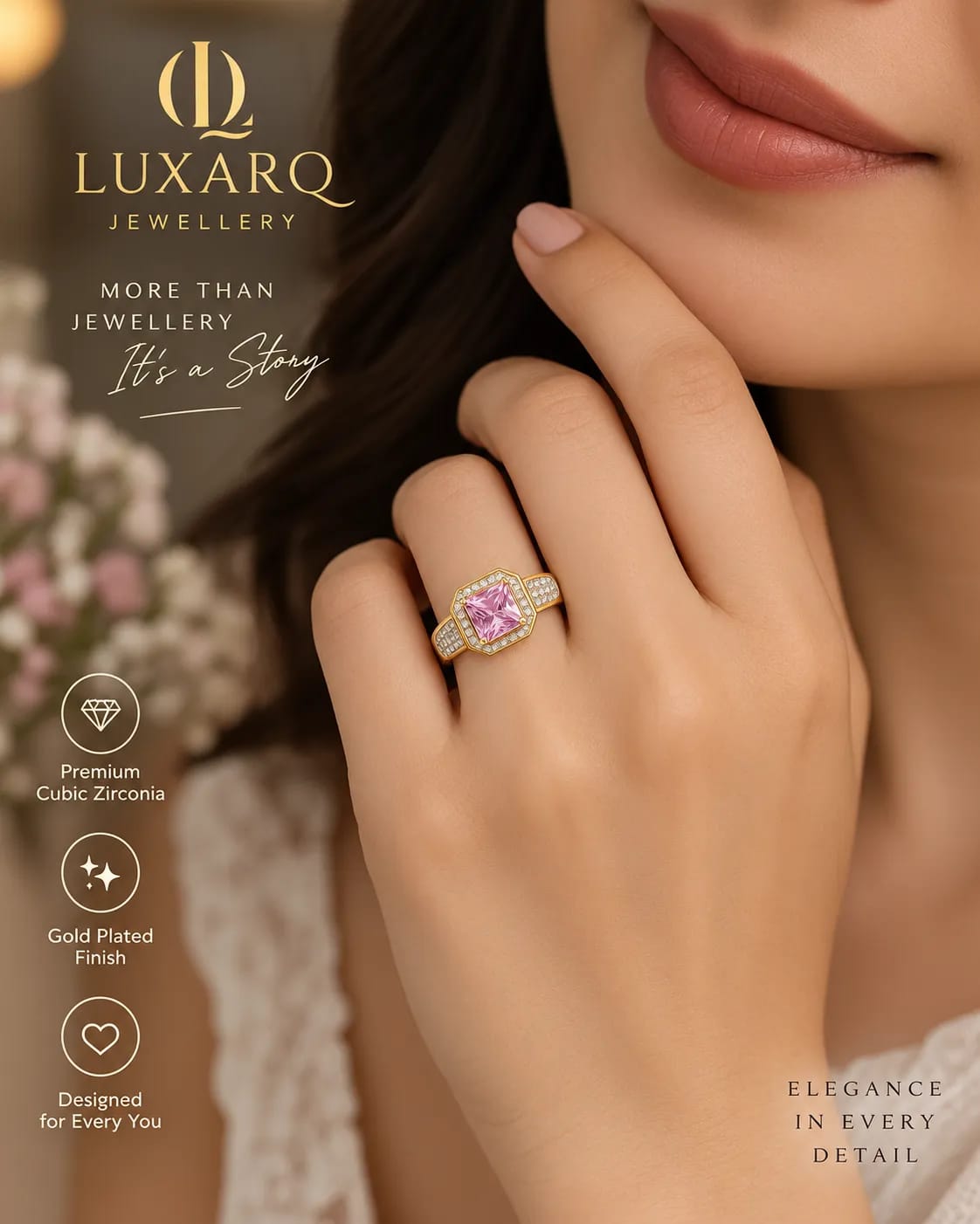 LUXARQ Pink Stone Statement Ring for Women