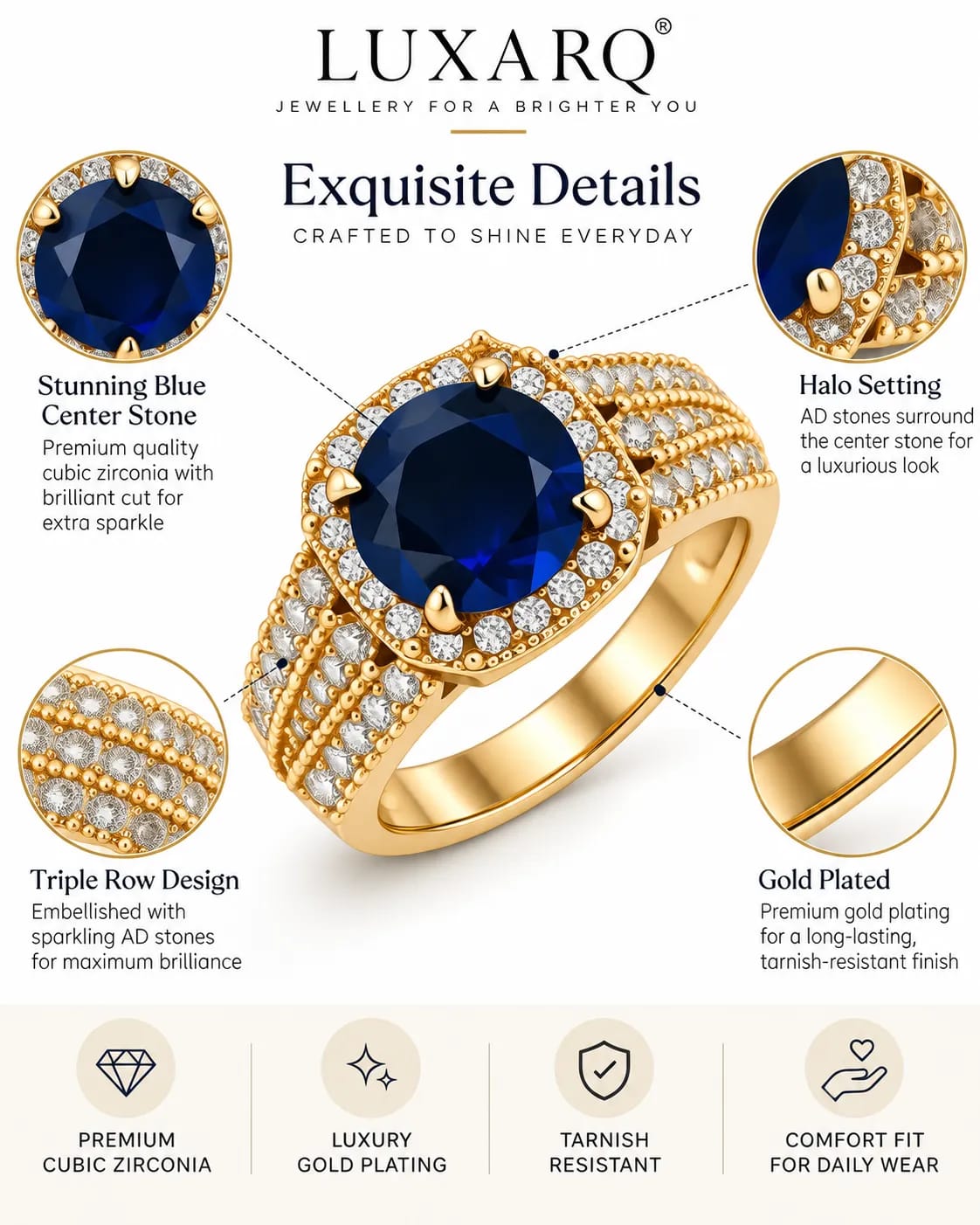 LUXARQ Blue Stone Gold Plated Statement Ring