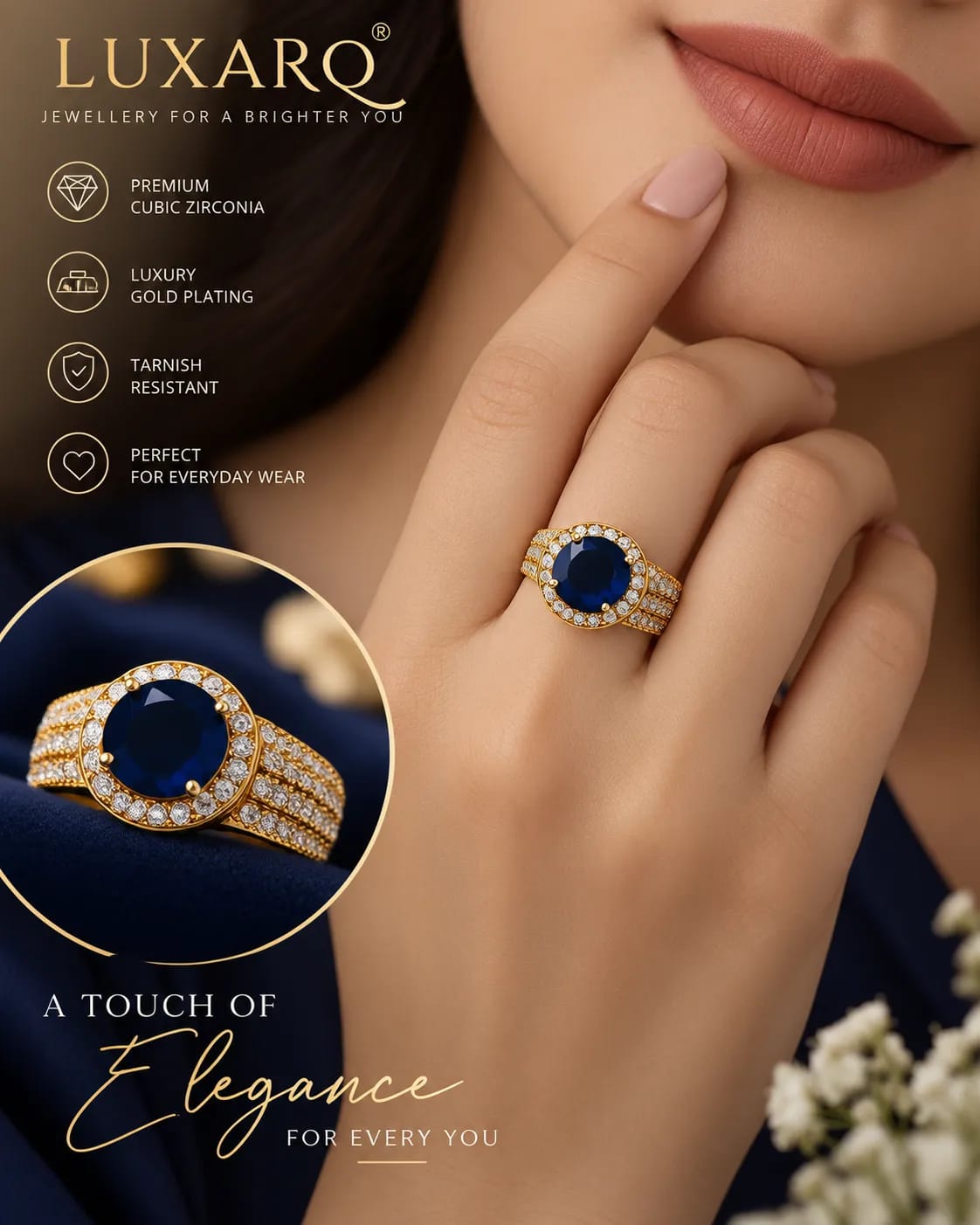 LUXARQ Blue Stone Gold Plated Statement Ring