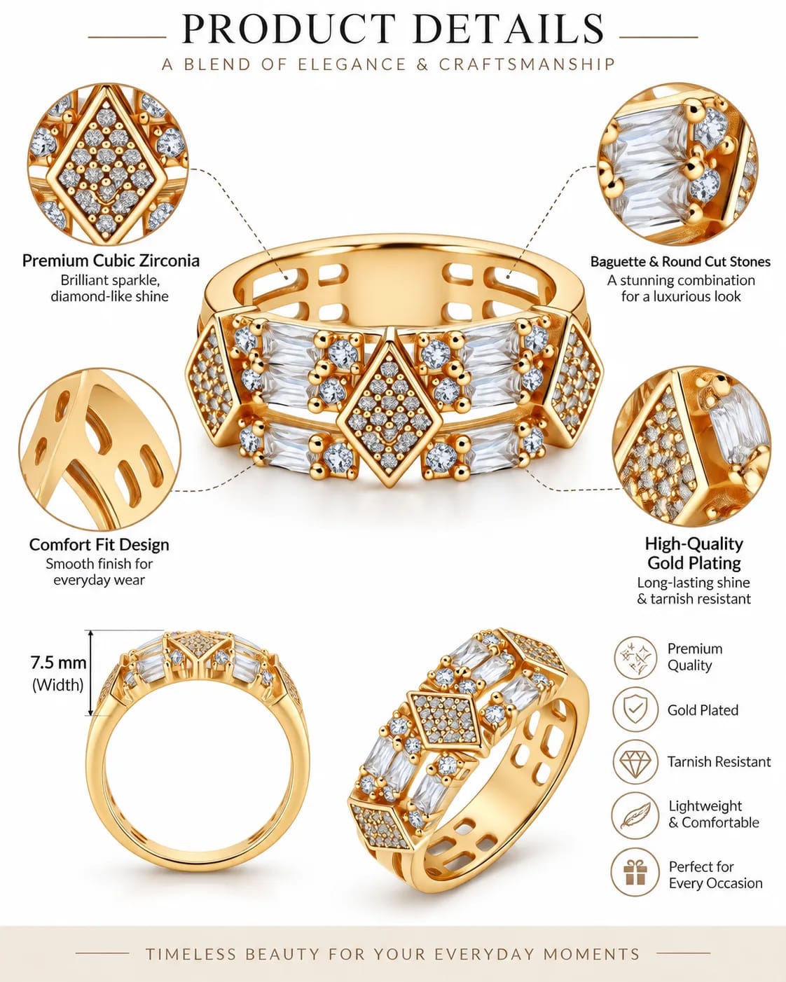 LUXARQ Gold Tone CZ Inspired Statement Band Ring