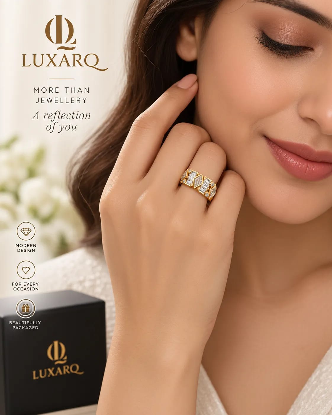 LUXARQ Gold Tone CZ Inspired Statement Band Ring