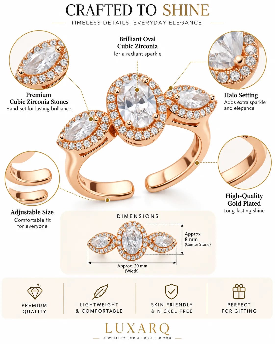 LUXARQ Rose Gold Cubic Zirconia Adjustable Ring