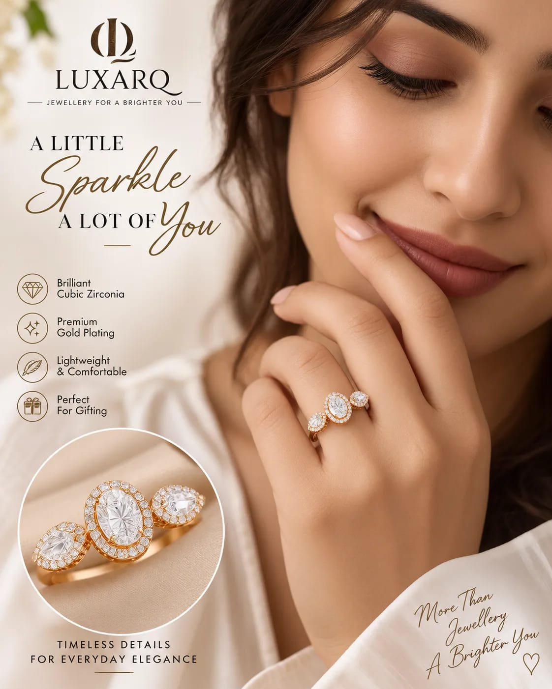 LUXARQ Rose Gold Cubic Zirconia Adjustable Ring