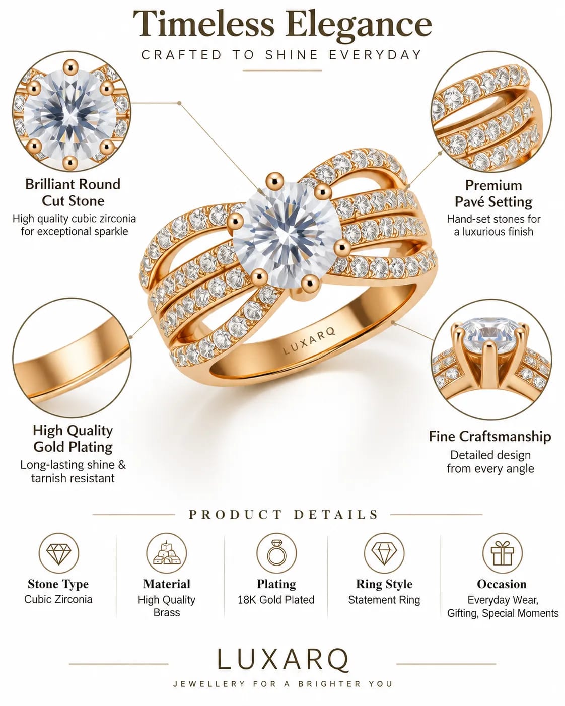 LUXARQ 18K Gold Plated Cubic Zirconia Solitaire Statement Ring