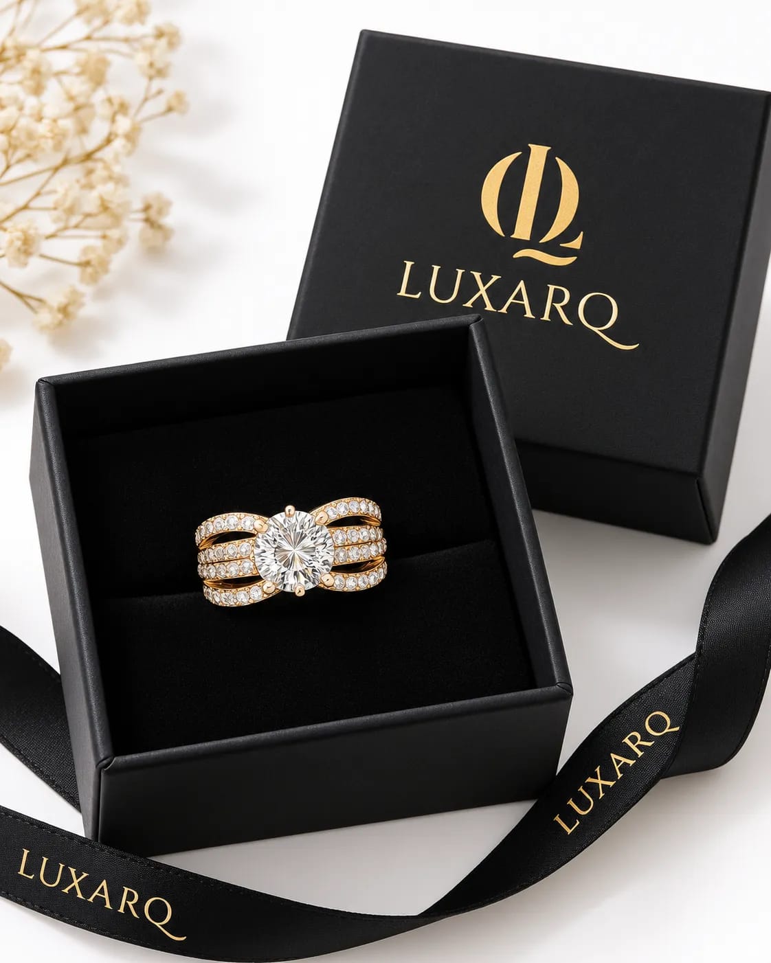 LUXARQ 18K Gold Plated Cubic Zirconia Solitaire Statement Ring