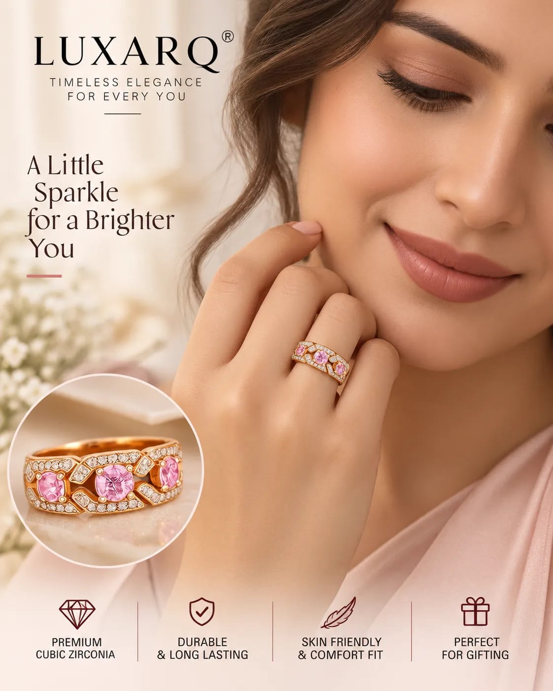 LUXARQ Pink Cubic Zirconia Rose Gold Tone Ring