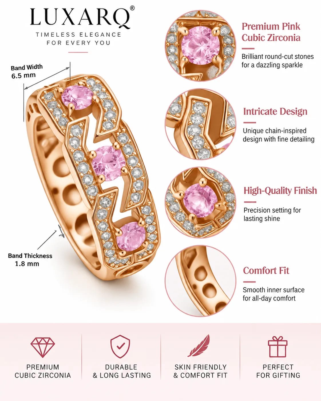 LUXARQ Pink Cubic Zirconia Rose Gold Tone Ring