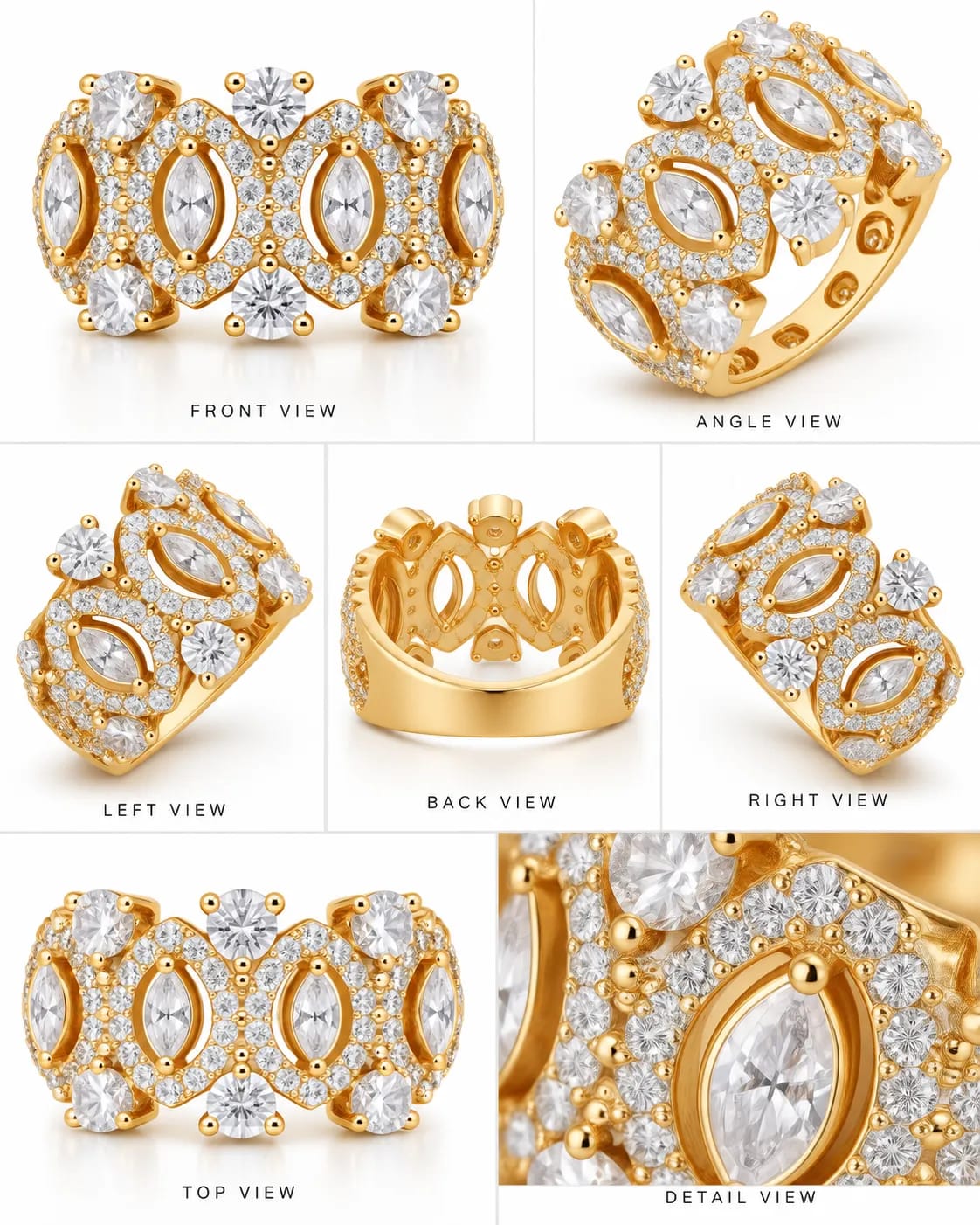 LUXARQ Gold Plated Cubic Zirconia Statement Band Ring