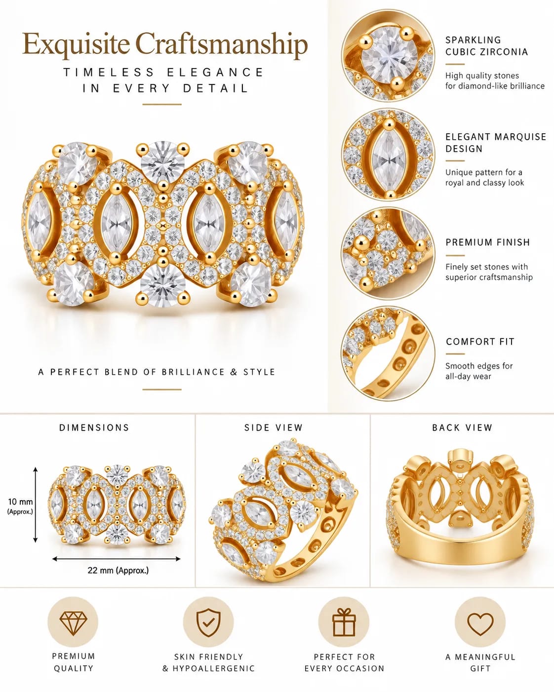 LUXARQ Gold Plated Cubic Zirconia Statement Band Ring