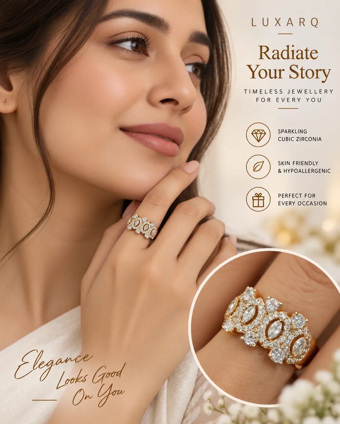 LUXARQ Gold Plated Cubic Zirconia Statement Band Ring