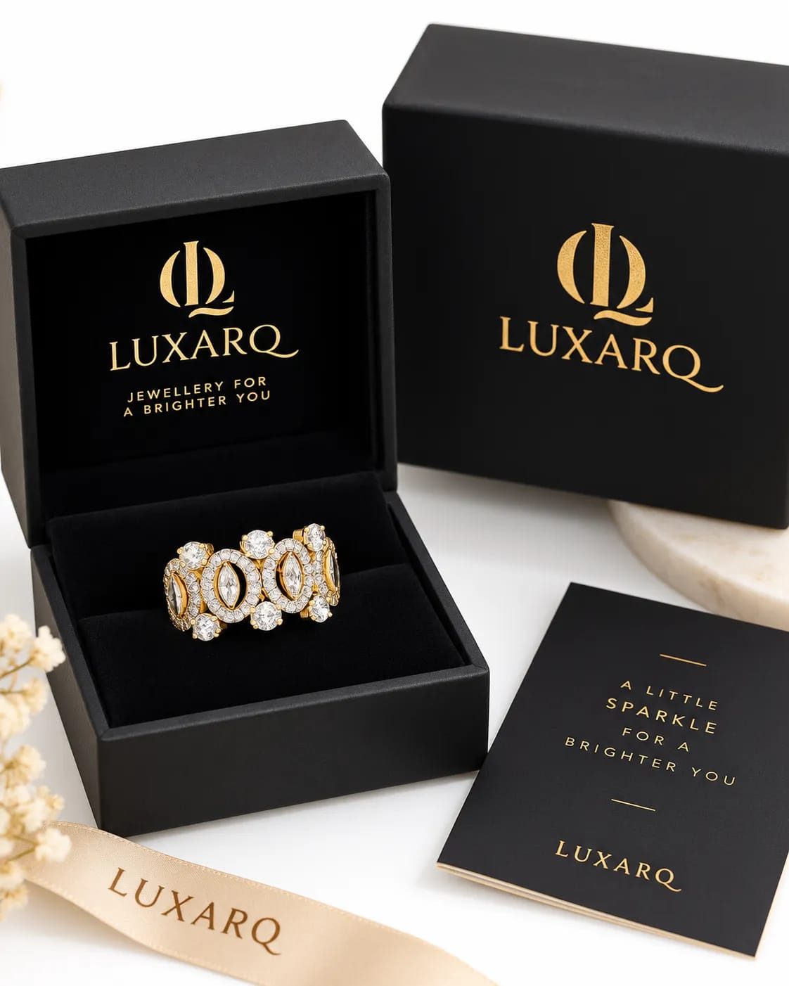 LUXARQ Gold Plated Cubic Zirconia Statement Band Ring