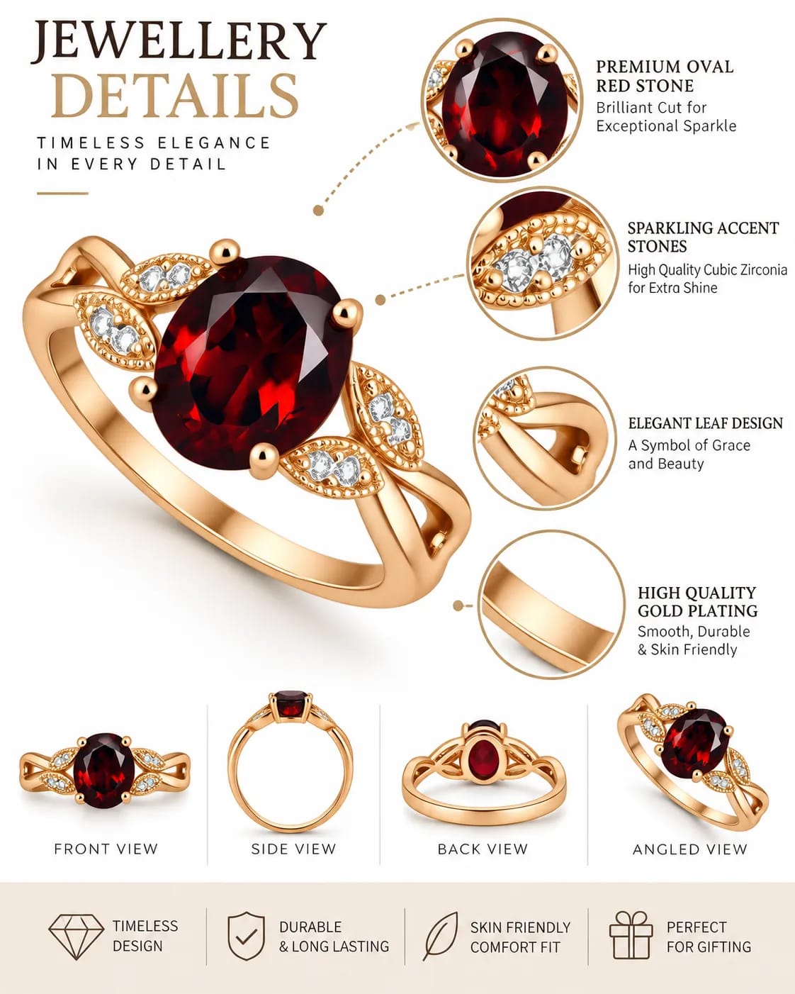 LUXARQ Red Oval Stone Gold Plated Statement Ring