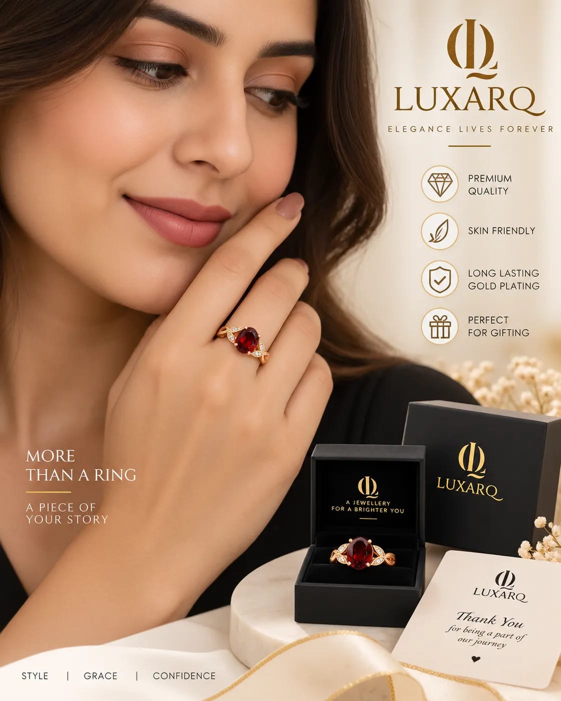 LUXARQ Red Oval Stone Gold Plated Statement Ring