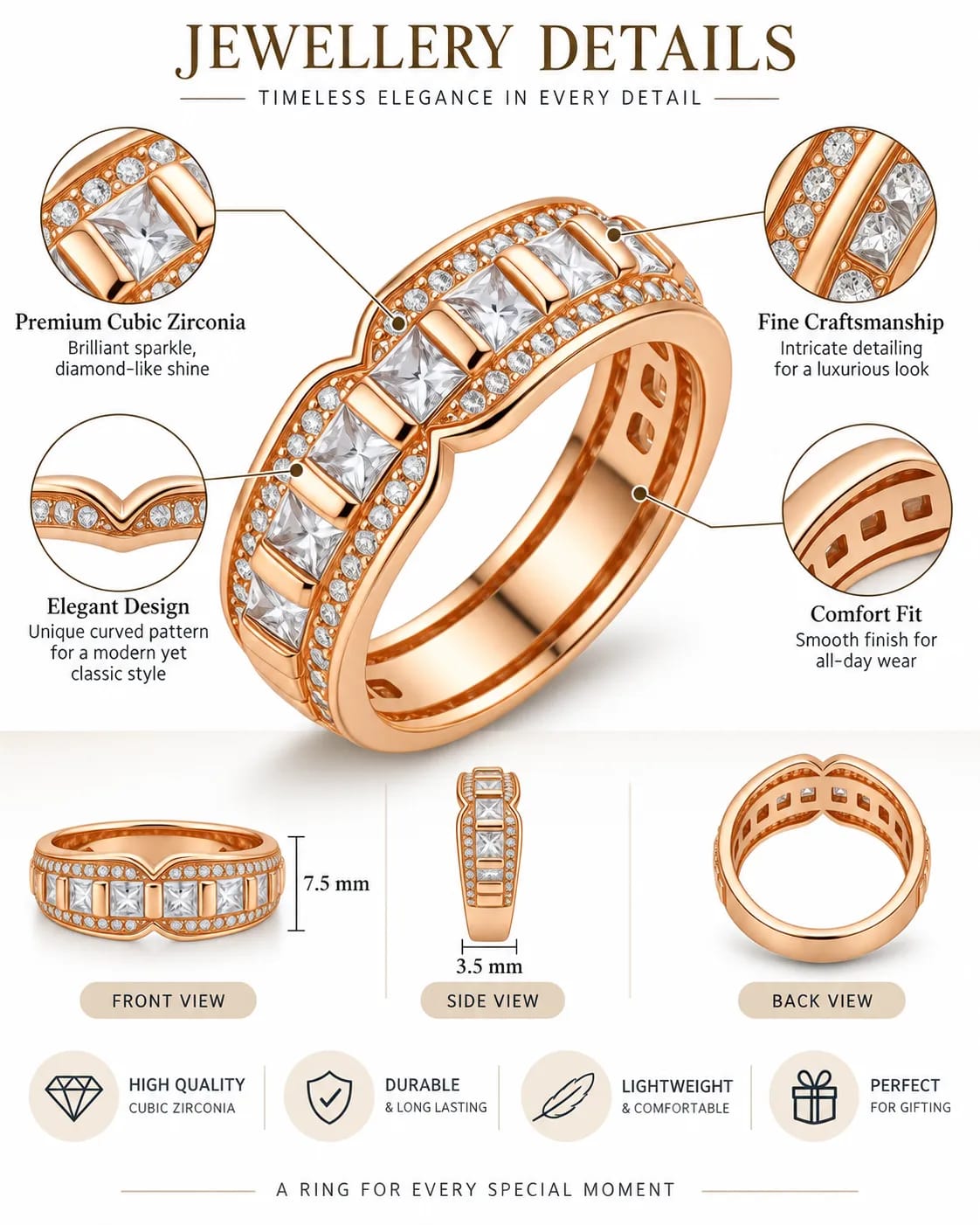 LUXARQ Rose Gold Cubic Zirconia Statement Band Ring