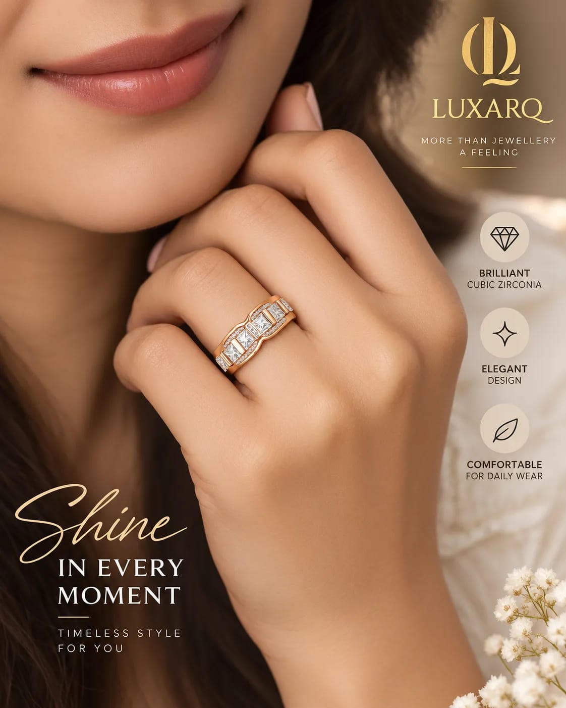 LUXARQ Rose Gold Cubic Zirconia Statement Band Ring