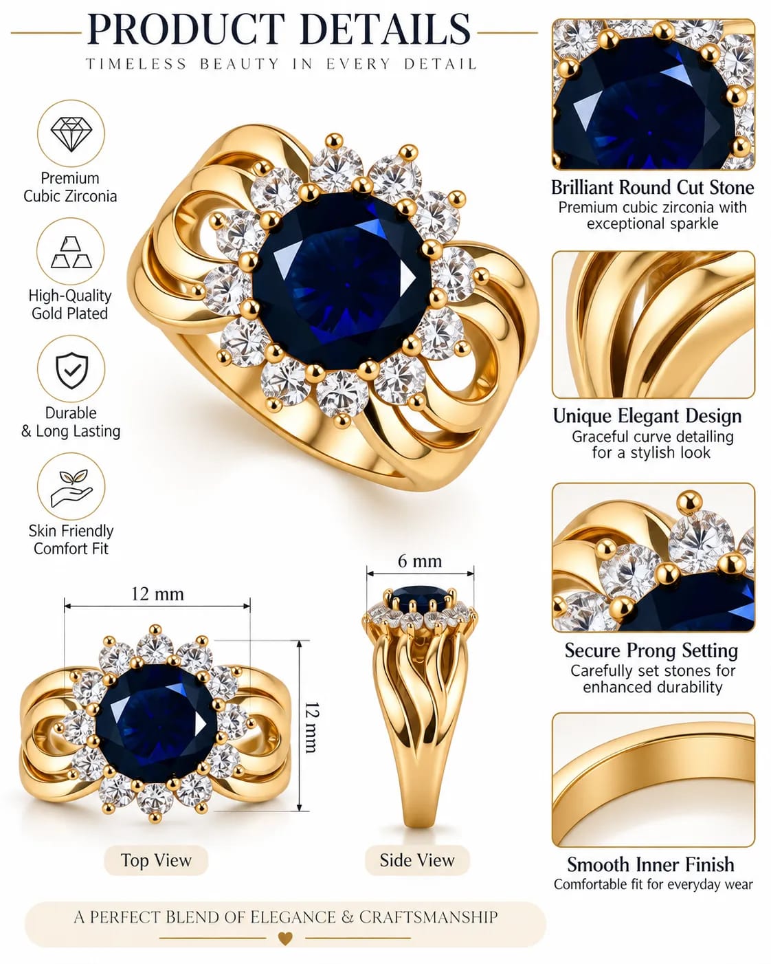 LUXARQ Blue Stone Gold Plated Statement Ring