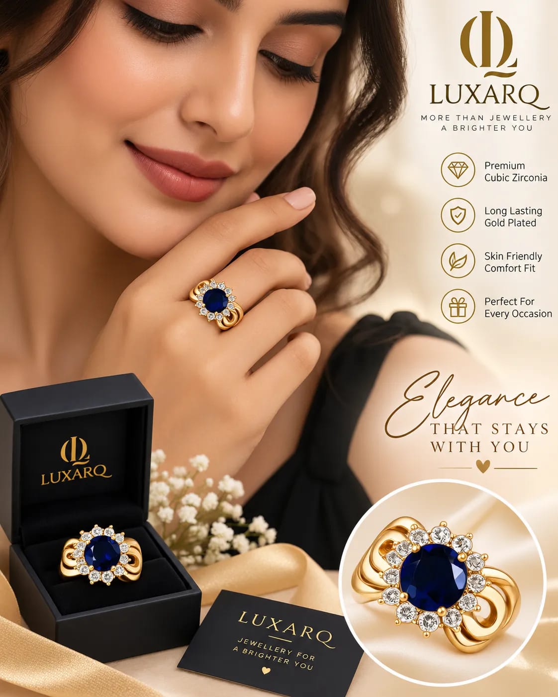 LUXARQ Blue Stone Gold Plated Statement Ring
