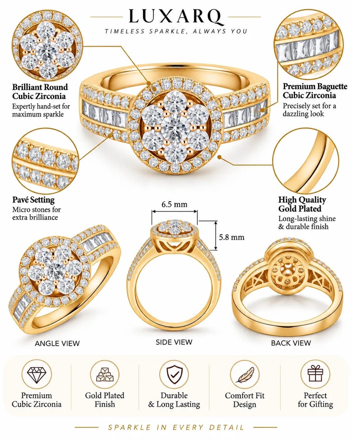 LUXARQ Gold Plated Cubic Zirconia Statement Ring