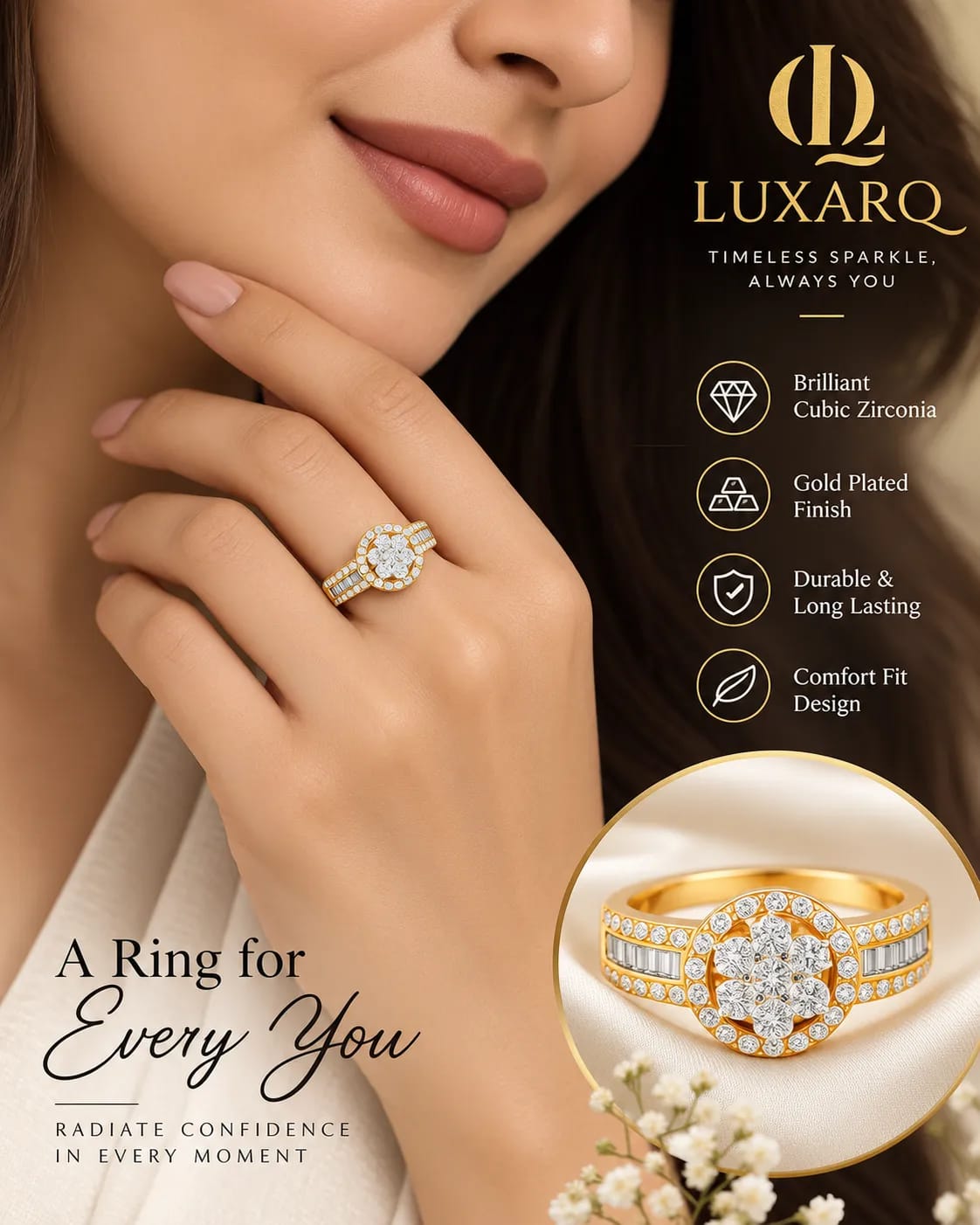 LUXARQ Gold Plated Cubic Zirconia Statement Ring