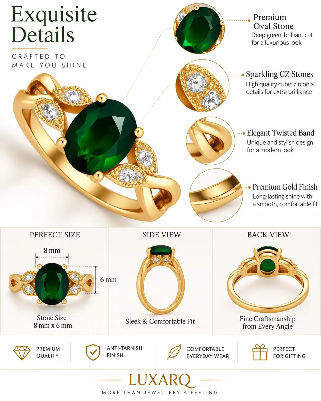 LUXARQ Green Oval Stone Statement Ring