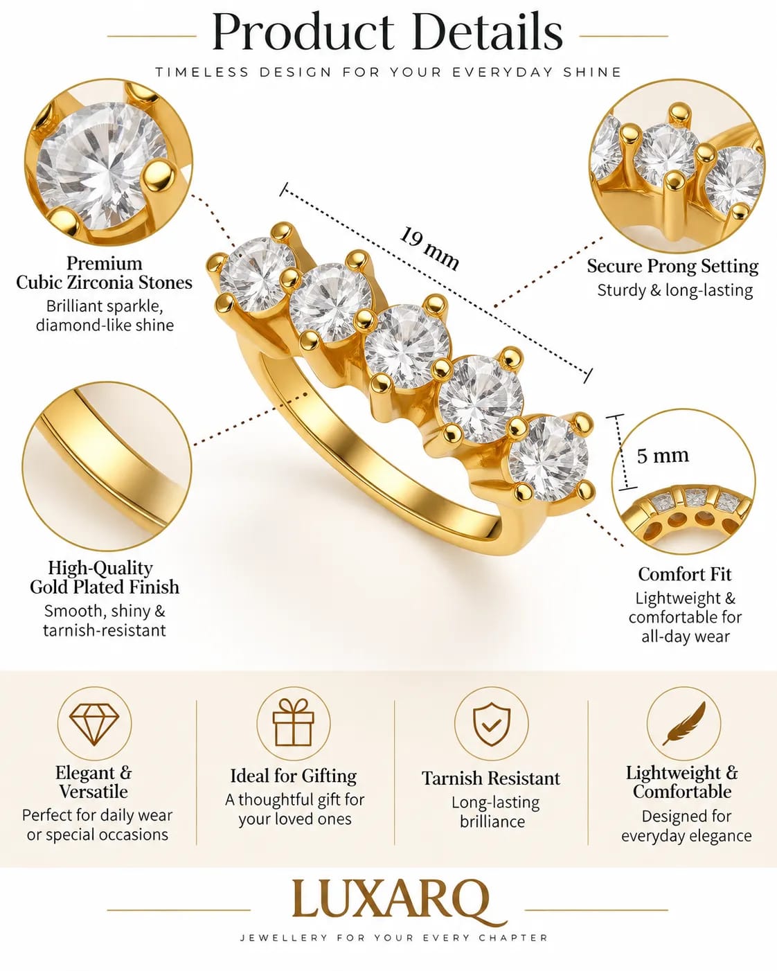 LUXARQ Gold Plated Cubic Zirconia Ring for Women