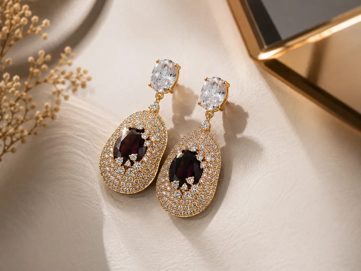 Burgundy Halo CZ Statement Drop Earrings