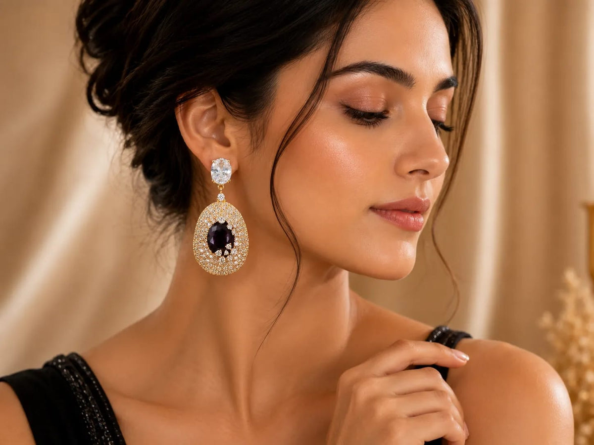 Burgundy Halo CZ Statement Drop Earrings