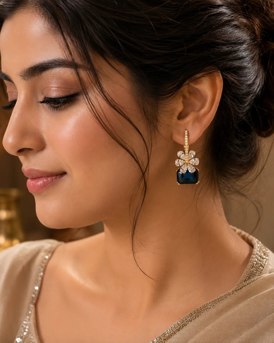 LUXARQ Blue Floral Cubic Zirconia Drop Earrings