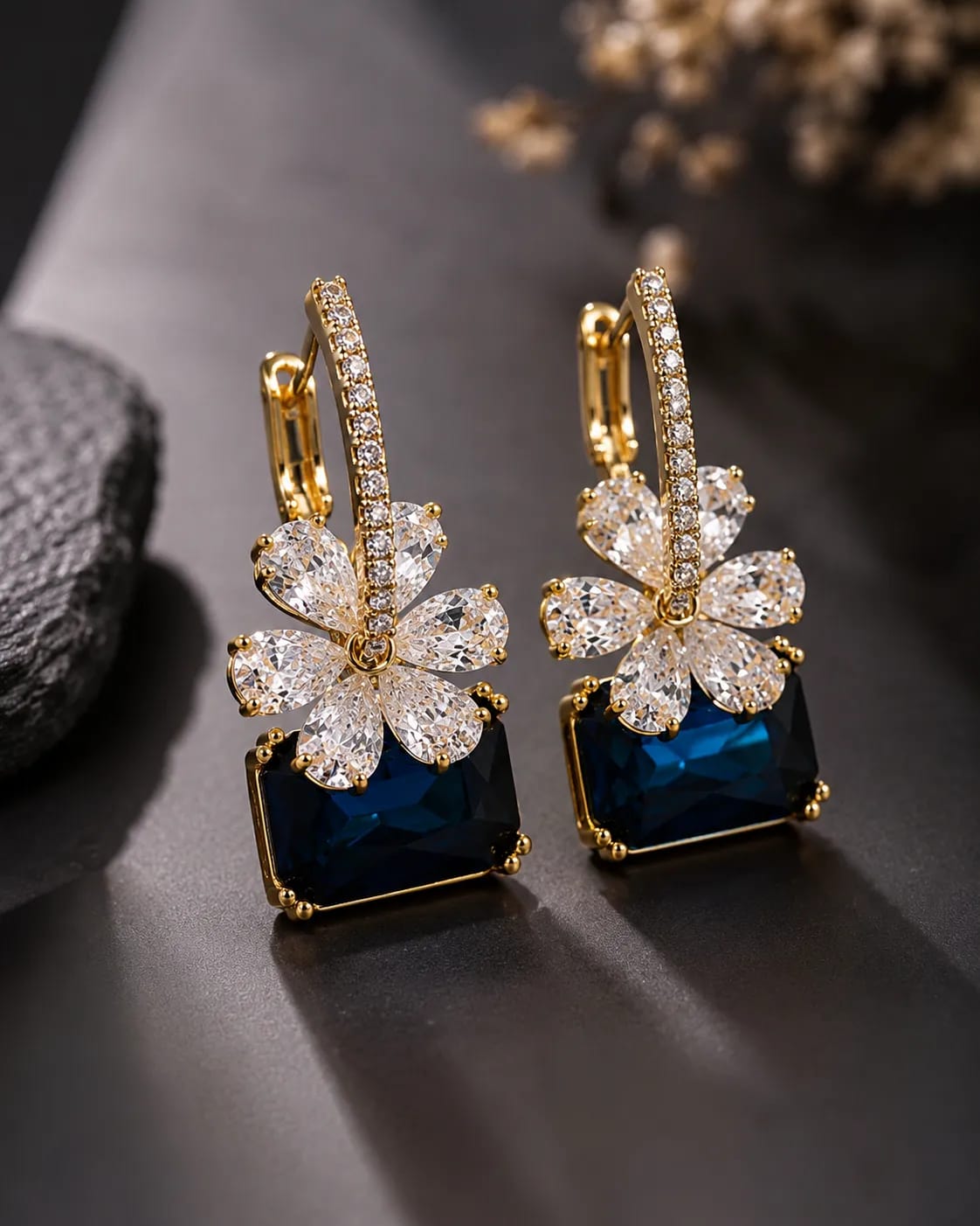 LUXARQ Blue Floral Cubic Zirconia Drop Earrings