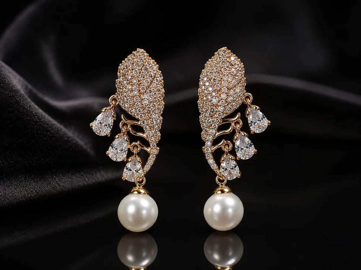 Aurelle Leaf Pearl Drop Earrings
