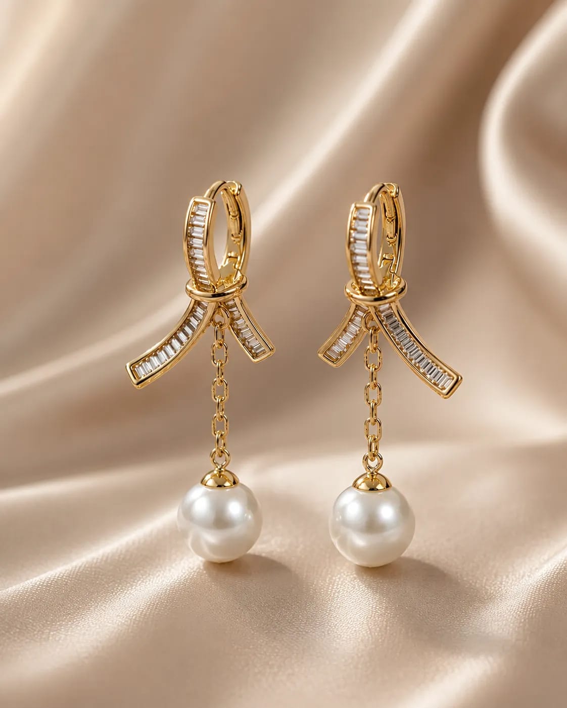 Pearlina Gold Bow Pearl Drop Earrings