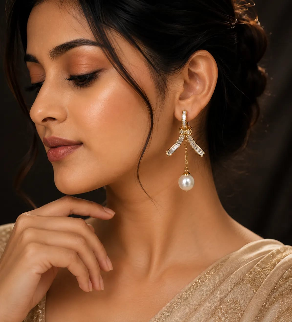 Pearlina Gold Bow Pearl Drop Earrings
