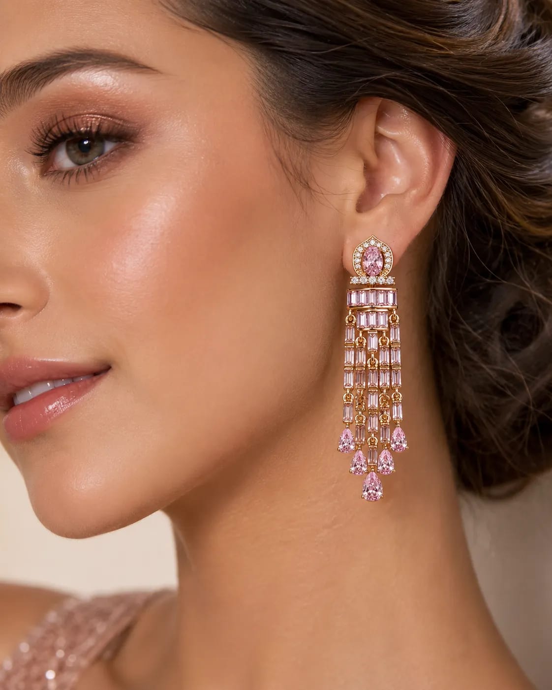 Roselle Pink CZ Baguette Drop Earrings